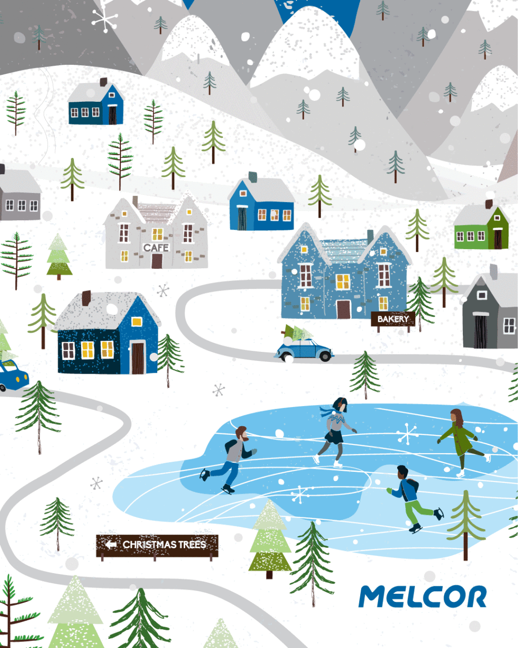 Season's Greetings from Melcor! Enjoy this animation of skaters on a pond in a quaint mountain town.